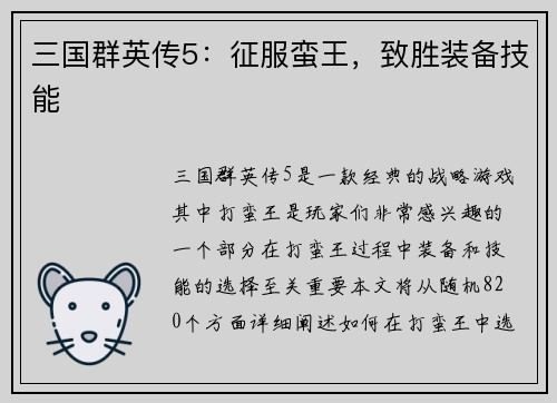 三国群英传5：征服蛮王，致胜装备技能